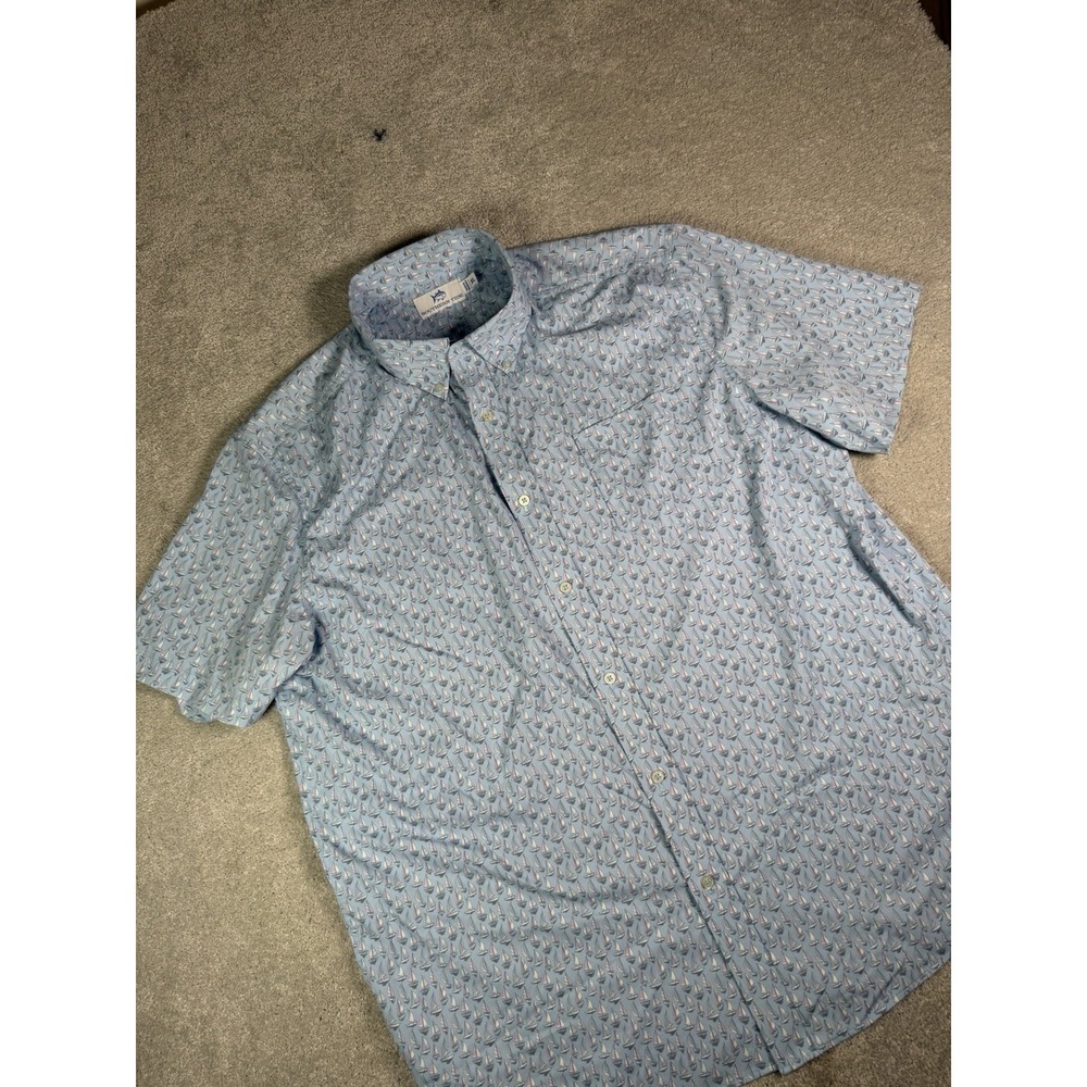 Southern Tide Shirt Mens XL Blue Sail Boat All Over Print Button Up S/S Nylon